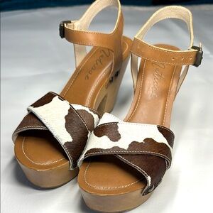 New! Matisse Jackie Fur Leather Brown and White Cow Women's Heels Sandals 7